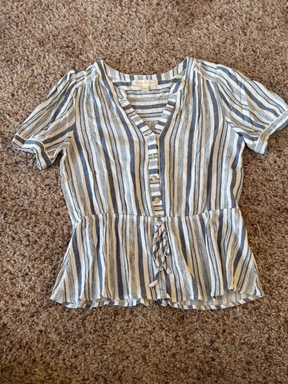 Monteau Blue & White Striped Button-Front Peplum Blouse